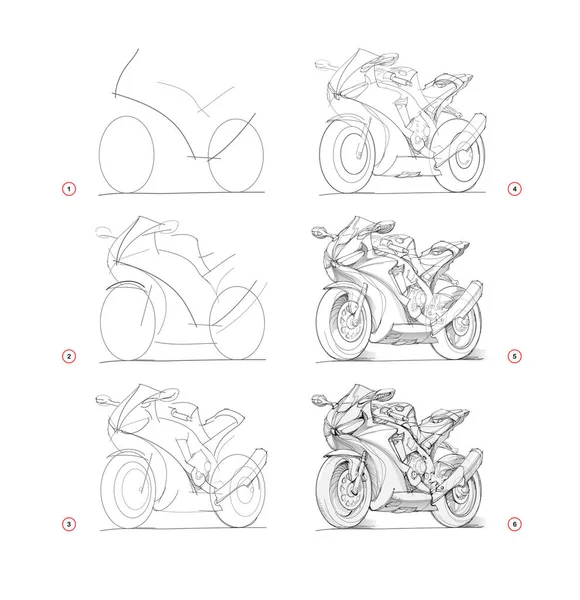 Page Shows How Learn Draw Sketch Motorcycle Creation Step Step — Image vectorielle