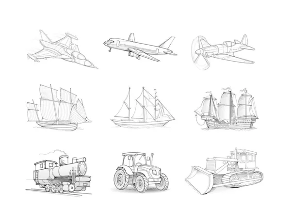 Set Black White Drawings Transports Imaginary Illustration Sailboats Planes Cars — Image vectorielle