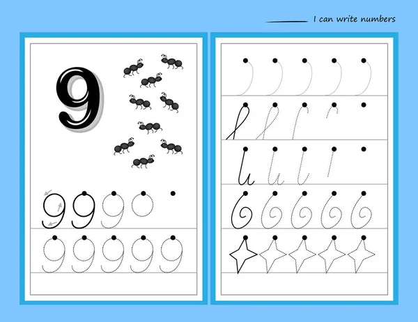 Learn Count Trace Number Nine Set Educational Pages Line Little — Stock vektor