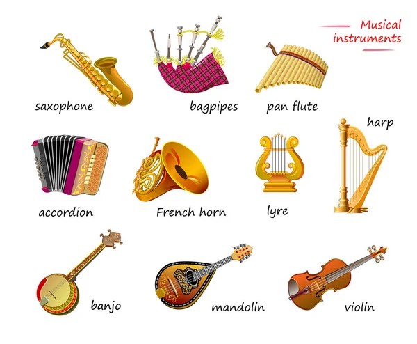 Names Musical Instruments English Set Illustrations Encyclopedia Kids School Textbook — Archivo Imágenes Vectoriales