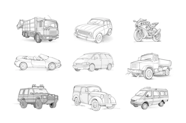 Zestaw Czarno Białych Rysunków Transportów Wyobraźnia Ilustracji Samochodów Samochodów Motocykli — Wektor stockowy