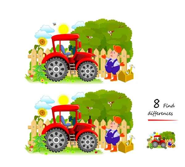 Find Differences Illustration Farmer Tractor Logic Puzzle Game Children Adults — Stock Vector