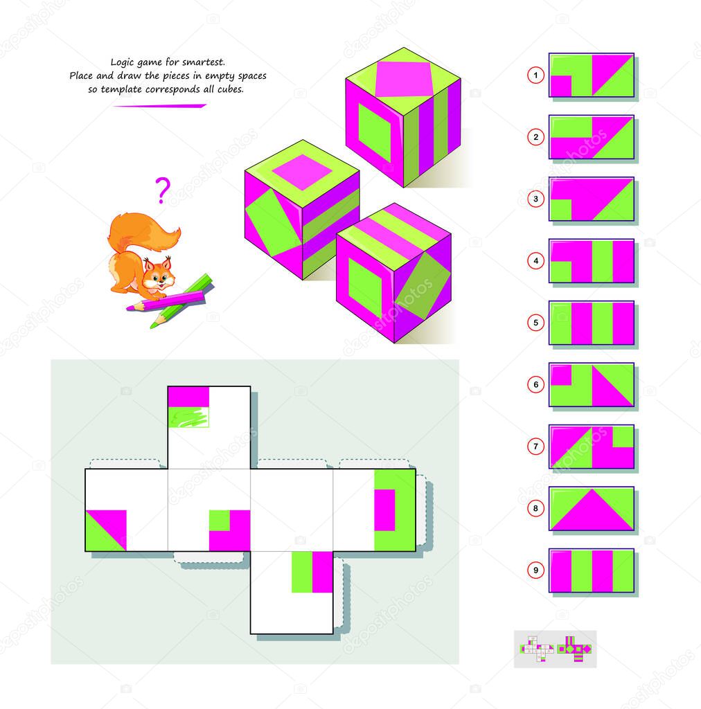 Logic game for smartest. Place and draw the pieces in empty spaces so template corresponds all cubes. 3D puzzle. Play online. Developing spatial thinking. Page for brain teaser. IQ test. Coloring book.