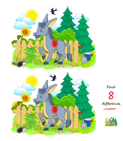 Encuentra Diferencias Ilustración Burro Lindo Lógica Juego Puzzle Para Niños — Vector de stock