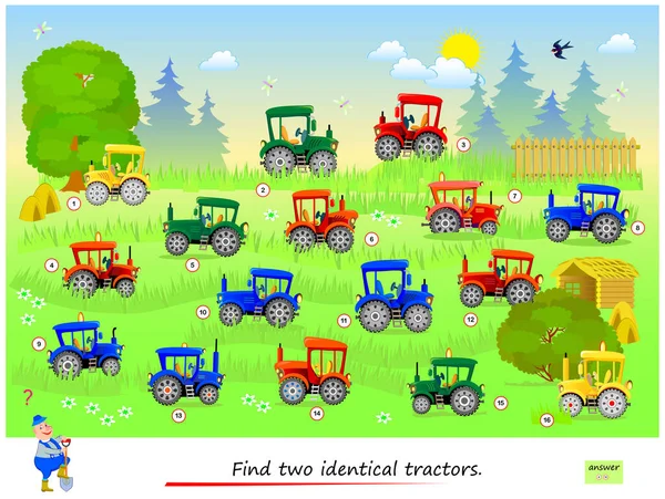 Logic Puzzle Game Children Adults Find Two Identical Tractors Page — Stock Vector