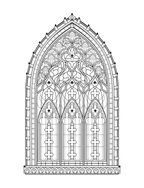 Fransız kilisesinin güzel Gotik vitray penceresi. Batı Avrupa 'da ortaçağ mimarisi. Boyama kitabı için siyah beyaz çizim. Çocuklar ve yetişkinler için çalışma tablosu. Vektör illüstrasyonu.