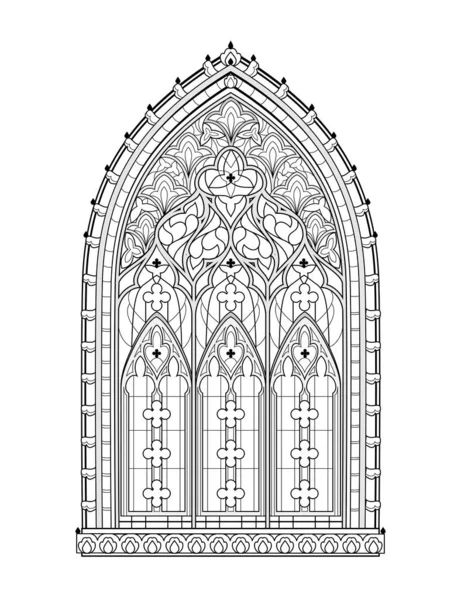 フランスの教会から美しいゴシックステンドグラスの窓 西ヨーロッパの中世建築 本を着色するための黒と白の図面 子供と大人のためのワークシート ベクターイラスト — ストックベクタ