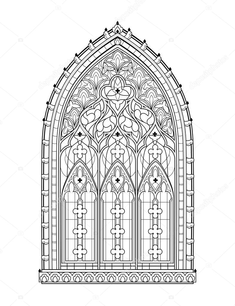 Beautiful Gothic stained glass window from French church. Medieval architecture in western Europe. Black and white drawing for coloring book. Worksheet for children and adults. Vector illustration.