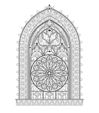 Fransız kilisesinden güzel bir Gotik vitray pencere ve gül. Boyama kitabı için siyah beyaz çizim. Batı Avrupa 'da ortaçağ mimarisi. Çocuklar ve yetişkinler için çalışma tablosu. Vektör resmi.