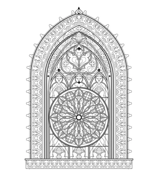 Hermosa Vidriera Gótica Iglesia Francesa Con Rosa Dibujo Blanco Negro — Vector de stock