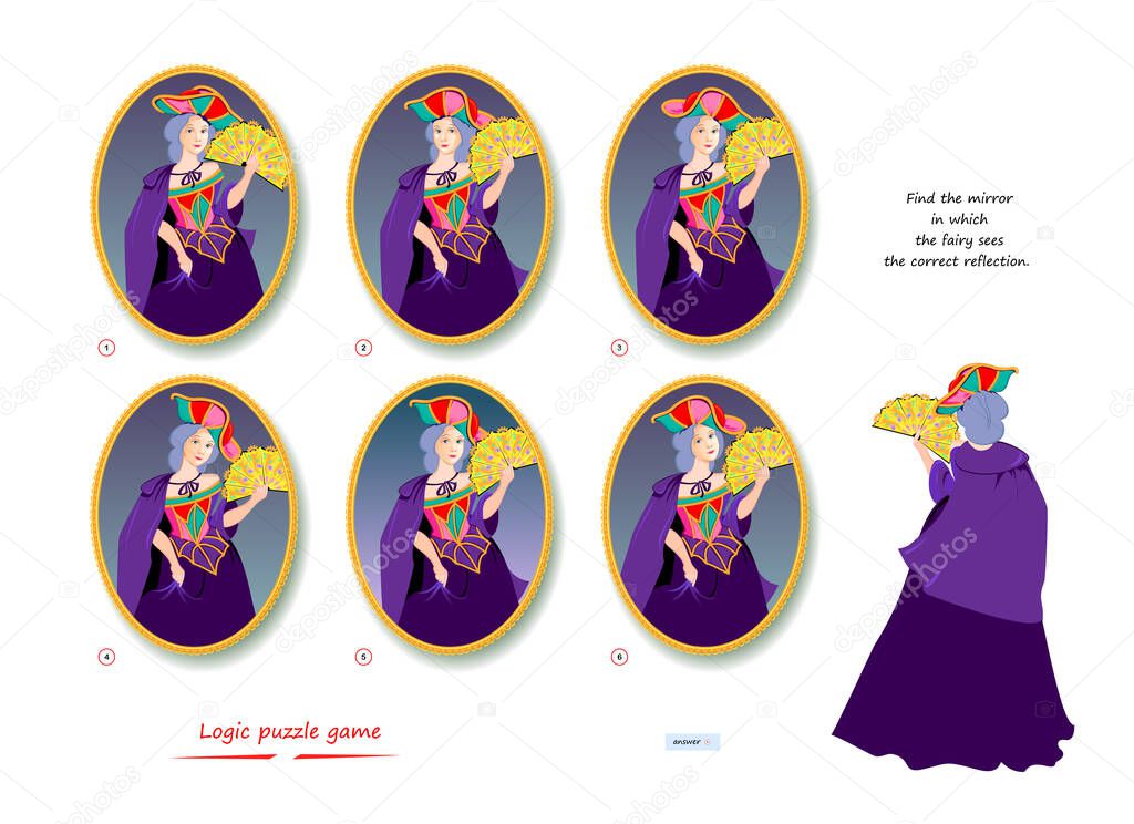 Logic puzzle game for children and adults. Find the mirror in which the fairy sees the correct reflection. Page for brain teaser book. Developing kids spatial thinking. Task for attentiveness.