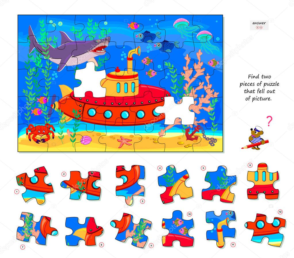 Logic game for children and adults. Find two pieces of puzzle that fell out of picture. Printable page for kids brain teaser book. Developing spatial thinking. Play online. Vector illustration.