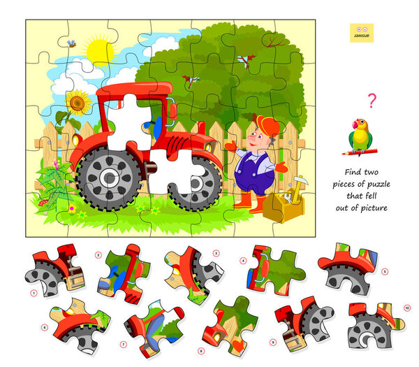 Логическая игра для детей и взрослых. Найдите два кусочка головоломки, которые выпали из картины. Печатная страница для детского книжки-тизера. Развитие пространственного мышления. Играть онлайн. Векторная иллюстрация.