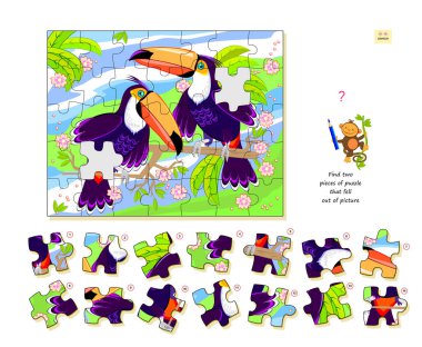 Çocuklar ve yetişkinler için mantık oyunu. Resmin dışına düşmüş iki yapboz parçası bul. Çocuk beyinli muziplik kitabı için basılabilir sayfa. Uzaysal düşünce geliştiriyorum. İnternette oyna. Vektör illüstrasyonu.