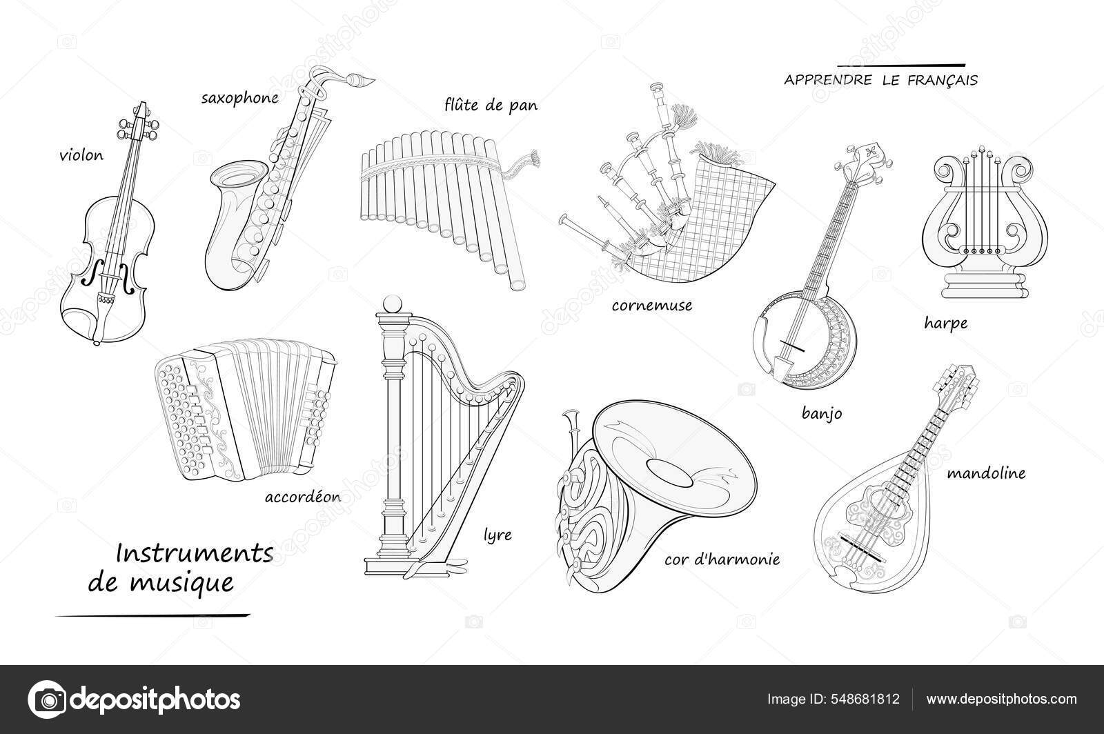 Learn French Coloring Book Names Musical Instruments French Set Black