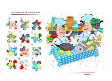 Çocuklar ve yetişkinler için mantık oyunu. Resmin dışına düşmüş bir yapboz parçası bul. Çocuk beyinli muziplik kitabı için basılabilir sayfa. Uzaysal düşünce geliştiriyorum. İnternette oyna. Vektör illüstrasyonu.