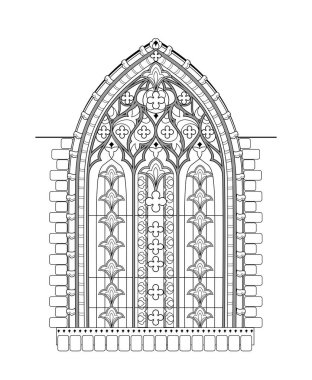 Fransız kilisesinin güzel Gotik vitray penceresi. Boyama kitabı için siyah beyaz çizim. Batı Avrupa 'da ortaçağ mimarisi. Çocuklar ve yetişkinler için çalışma tablosu. Vektör illüstrasyonu.