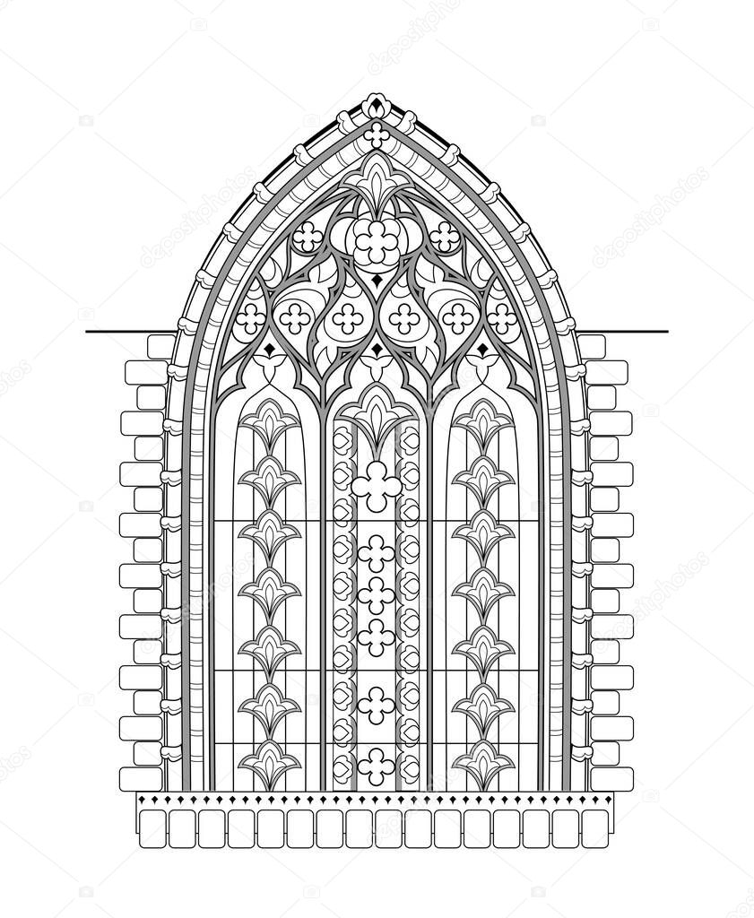 Beautiful Gothic stained glass window from French church. Black and white drawing for coloring book. Medieval architecture in western Europe. Worksheet for children and adults. Vector illustration.