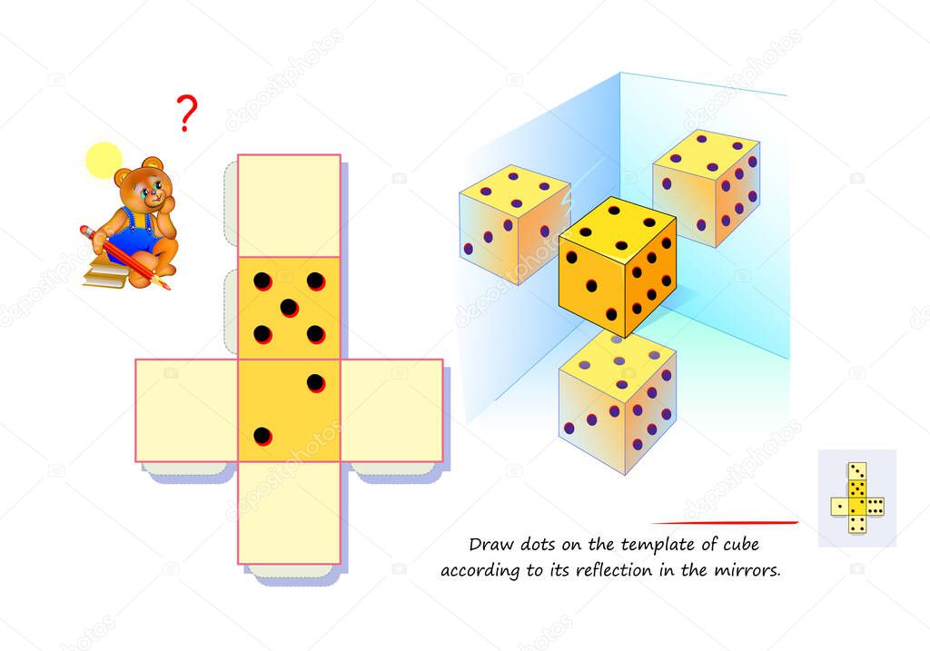 Logic game for smartest. Draw dots on the template of cube according to its reflection in the mirrors. 3D puzzle. Play online. Developing spatial thinking. Page for brain teaser book. IQ test.