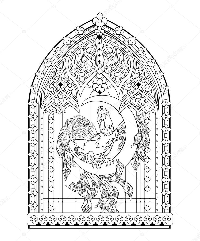 Illustration of fantasy fairytale rooster in gothic stained glass window. Black and white drawing for coloring book. Medieval architecture. Worksheet for children and adults. Vector image.
