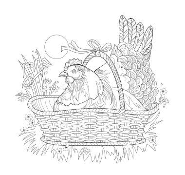Sepette oturan sevimli tavuk. Çocuklar ve yetişkinler için boyama kitabı. Zentangle tarzında görüntü. Çizim ve meditasyon için basılabilir sayfa. Siyah ve beyaz vektör. Paskalya illüstrasyonu.