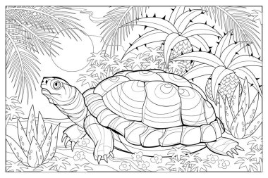 Şirin kaplumbağa tasviri. Çocuklar ve yetişkinler için boyama kitabı. Zentangle tarzında görüntü. Çizim ve meditasyon için basılabilir sayfa. Siyah ve beyaz vektör.