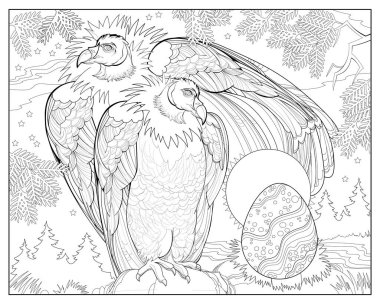 Yumurtalarını koruyan iki akbaba tasviri. Vahşi yaşam hayvanları. Zen-karmaşası tarzında görüntü. Çizim ve meditasyon için basılabilir sayfa. Çocuklar ve yetişkinler için boyama kitabı. Siyah ve beyaz vektör.