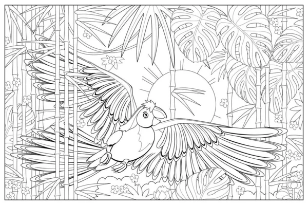 在丛林中飞行的鹦鹉的图例 野生动物 图像为禅宗式 可打印的绘图和冥想页 给儿童和成人配色的书 黑白矢量 — 图库矢量图片