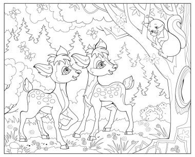 Yazın oynayan şirin yavru geyiklerin tasviri. Çocuklar ve yetişkinler için boyama kitabı. Zentangle tarzında görüntü. Vahşi yaşam hayvanları. Çizim ve meditasyon için basılabilir sayfa. Siyah ve beyaz vektör.