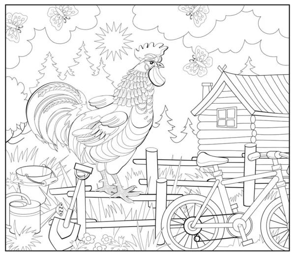 Ілюстрація Симпатичного Півня Ранковій Фермі Розмальовка Дітей Дорослих Зображення Стилі — стоковий вектор
