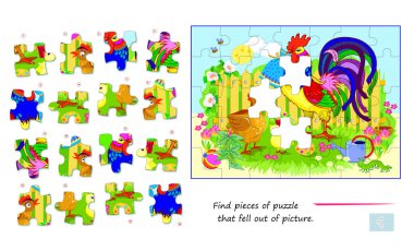 Çocuklar ve yetişkinler için mantık oyunu. Resmin dışına düşmüş yapboz parçalarını bul. Çocuk zeka kitabı için çağrı. Dikkatlilik için görev. Uzaysal düşünce geliştiriyorum. İnternette oyna. Vektör resmi.