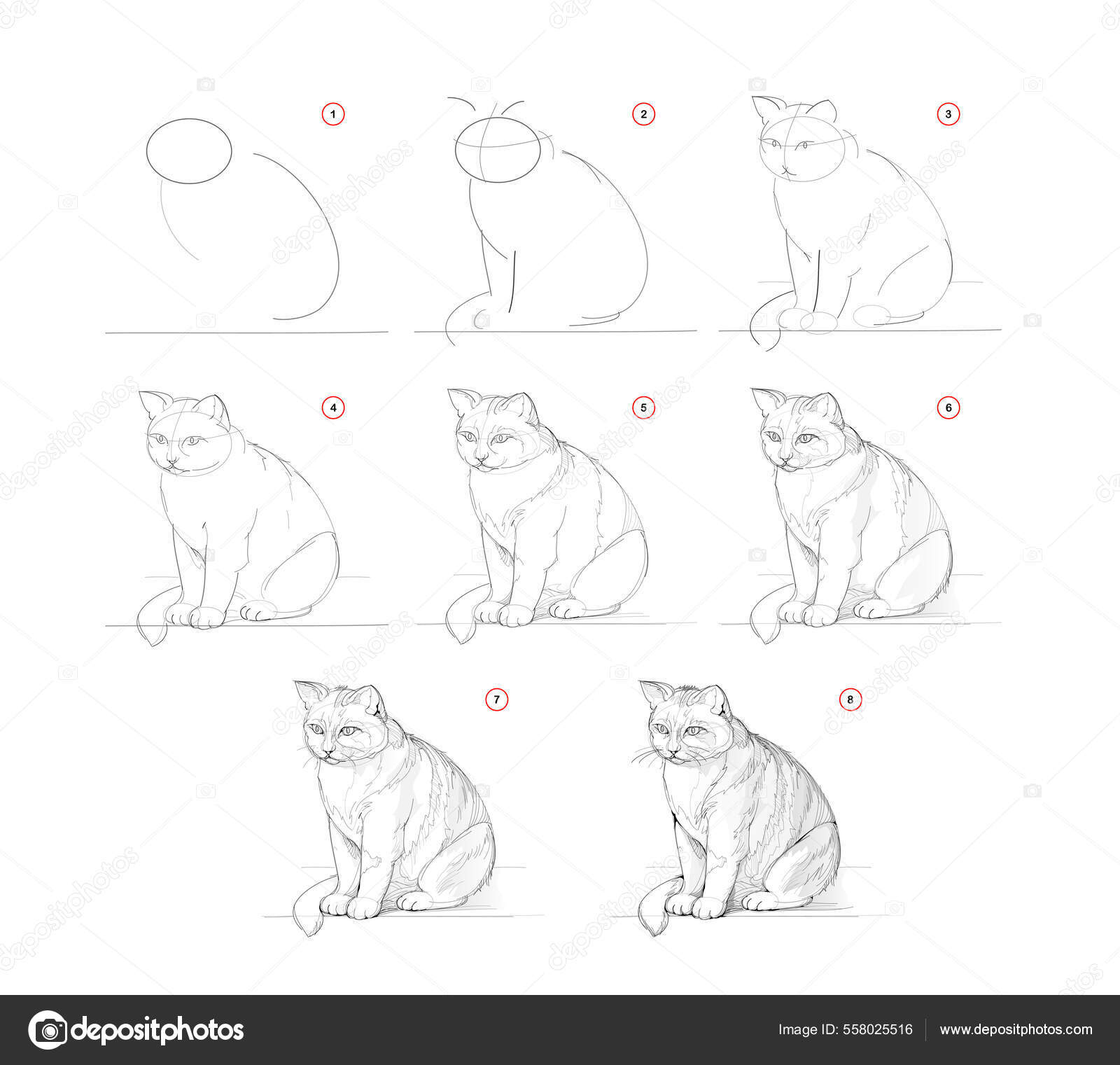 Página Mostra Como Aprender Desenhar Esboço Gato Sentado Criação Passo  imagem vetorial de Nataljacernecka© 558025516