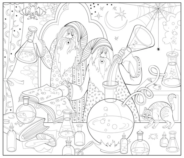 Illustration Deux Vieux Sorciers Faisant Alchimie Livre Colorier Pour Enfants — Image vectorielle