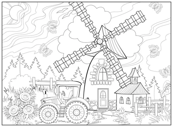 有风车和拖拉机的乡村风景 给儿童和成人配色的书 图像呈Zentangle风格 可打印的绘图和冥想页 黑白矢量图解 — 图库矢量图片