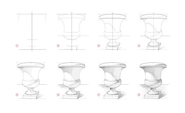 Sayfa, antik Yunan vazosunun nasıl çizileceğini gösteriyor. Adım adım kalem çizerek yaratma. Sanatçılar için eğitim sayfası. Sanatsal becerileri geliştirmek için bir ders kitabı. Online eğitim. Vektör resmi.
