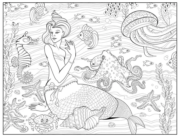 Little Mermaid Plays Marine Life Underwater Coloring Book Children Adults — Stock Vector