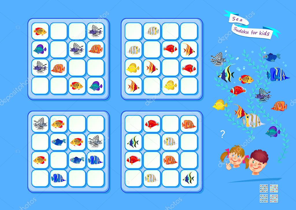 Sea Sudoku for kids. Page for brain teaser book. Set of logic puzzle games for children. Place the fishes in empty spaces so that each line has one of a kind. Play online. Vector illustration.