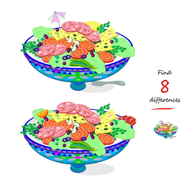 Zoek Verschillen Illustratie Van Heerlijke Franse Salade Logica Puzzel Spel — Stockvector