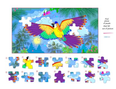 Çocuklar ve yetişkinler için mantık oyunu. Resmin dışına düşmüş yapboz parçalarını bul. Çocuk zeka kitabı için çağrı. Dikkatlilik için görev. Uzaysal düşünce geliştiriyorum. İnternette oyna. Vektör resmi.
