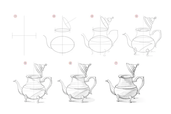 Pagina Mostra Come Imparare Disegnare Schizzo Antica Teiera Marocchina Creazione — Vettoriale Stock