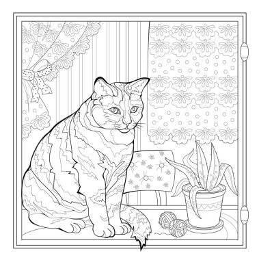 Cute cat sits alone at home and looks out the window. Coloring book for children and adults. Image in zen-tangle style. Printable page for drawing and meditation. Black and white vector illustration.