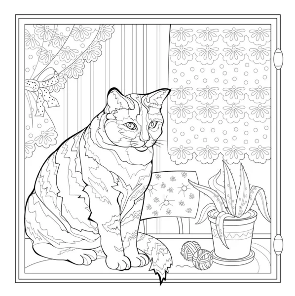 Cute Cat Sits Alone Home Looks Out Window Coloring Book — стоковый вектор