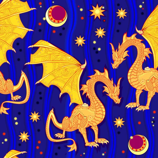 Kusursuz desenli süs. Altın rengi Çin ejderhasının tasviri. Vahşi tropikal doğaya sahip soyut bir arka plan. Tasarım kumaşı, baskı, duvar kağıdı için lüks bir resim. Vektör illüstrasyonu.