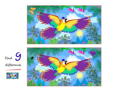 9 farklılık bul. Ormanda uçan papağan tasviri. Çocuklar ve yetişkinler için mantıksal bulmaca oyunu. Çocuk zeka kitabı için çağrı. Dikkatlilik için görev. IQ testi. İnternette oyna. Vektör resmi.