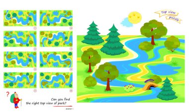 Logic puzzle game for children and adults. Can you find the right top view of park? 3D maze. Printable page for brain teaser book. Developing spatial thinking. IQ test. Play online. Flat vector.