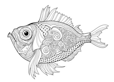 Harika bir balık. Çocuklar ve yetişkinler için boyama kitabı. Zentangle tarzında bir resim. Çizim ve meditasyon için basılabilir sayfa. Dekorasyon, tişört, dövme, tasarım için siyah ve beyaz vektör.