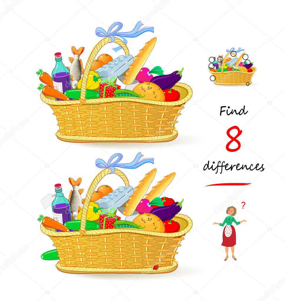 Find 8 differences. Food basket illustration. Logic puzzle game for children and adults. Page for kids brain teaser book. Developing counting skills. IQ test for attention. Play online. Vector image.