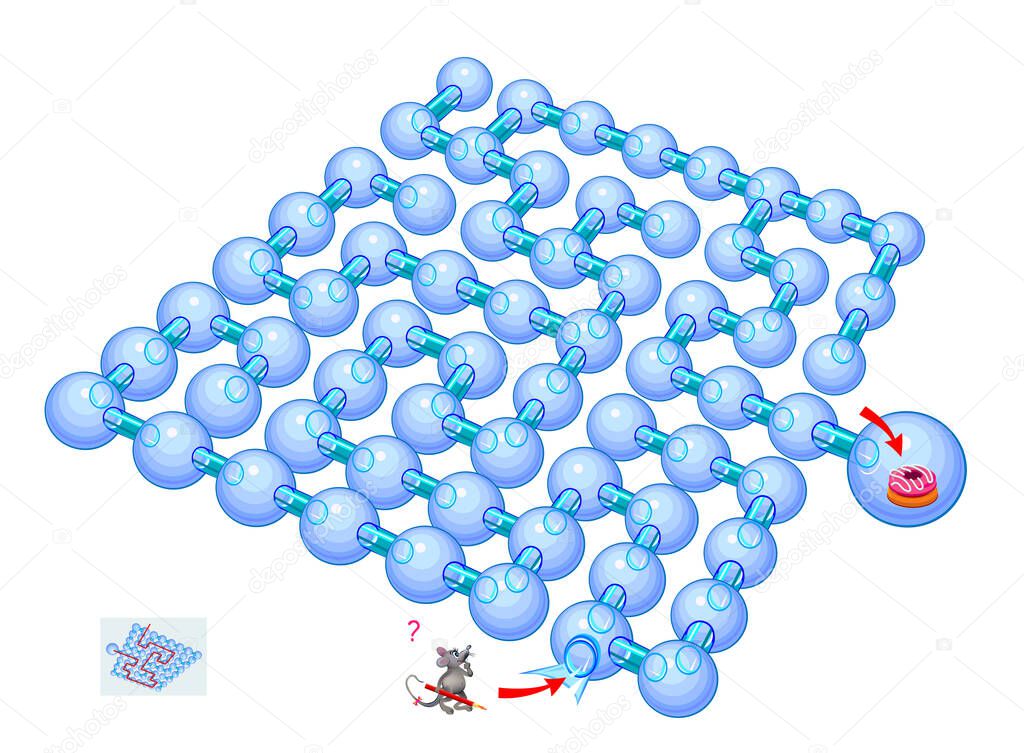 Best labyrinths. Help the mouse find the way to the cake. Logic puzzle game. Kids activity sheet. Brain teaser book with maze. Educational page. IQ test. Play online. Mice in labyrinth. Vector image.