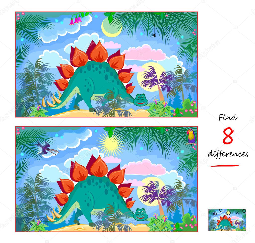 Find 8 differences. Illustration of cute dinosaur. Logic puzzle game for children and adults. Page for kids brain teaser book. Developing counting skills. IQ test. Play online. Vector image.