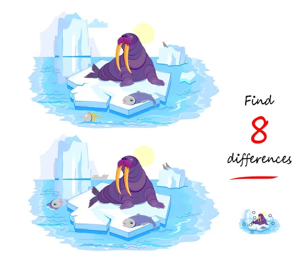 Find Differences Illustration Walrus Ice Floe Logic Puzzle Game Children — Stock Vector